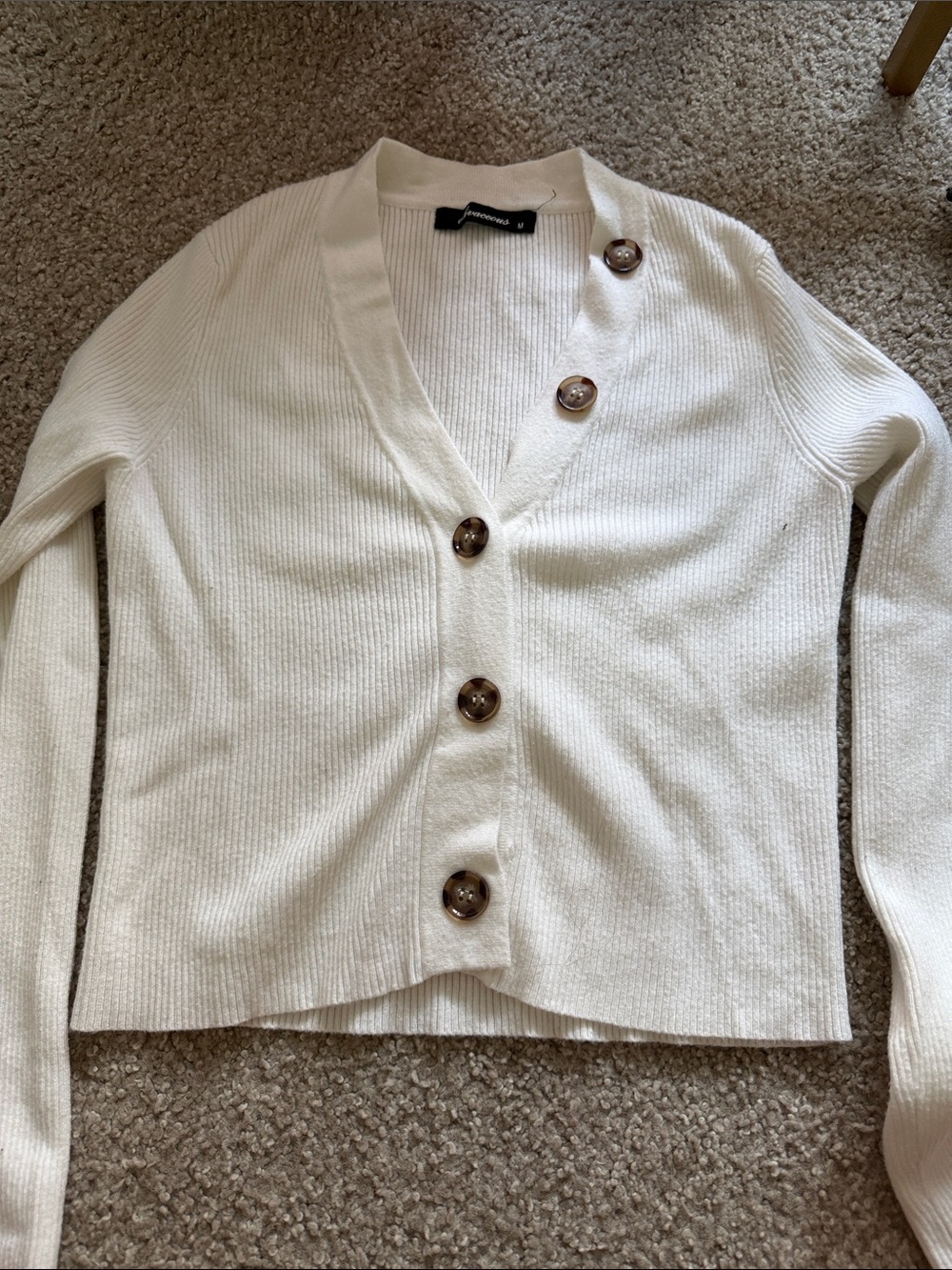 Cream Button-Front Ribbed V-Neck Sweater